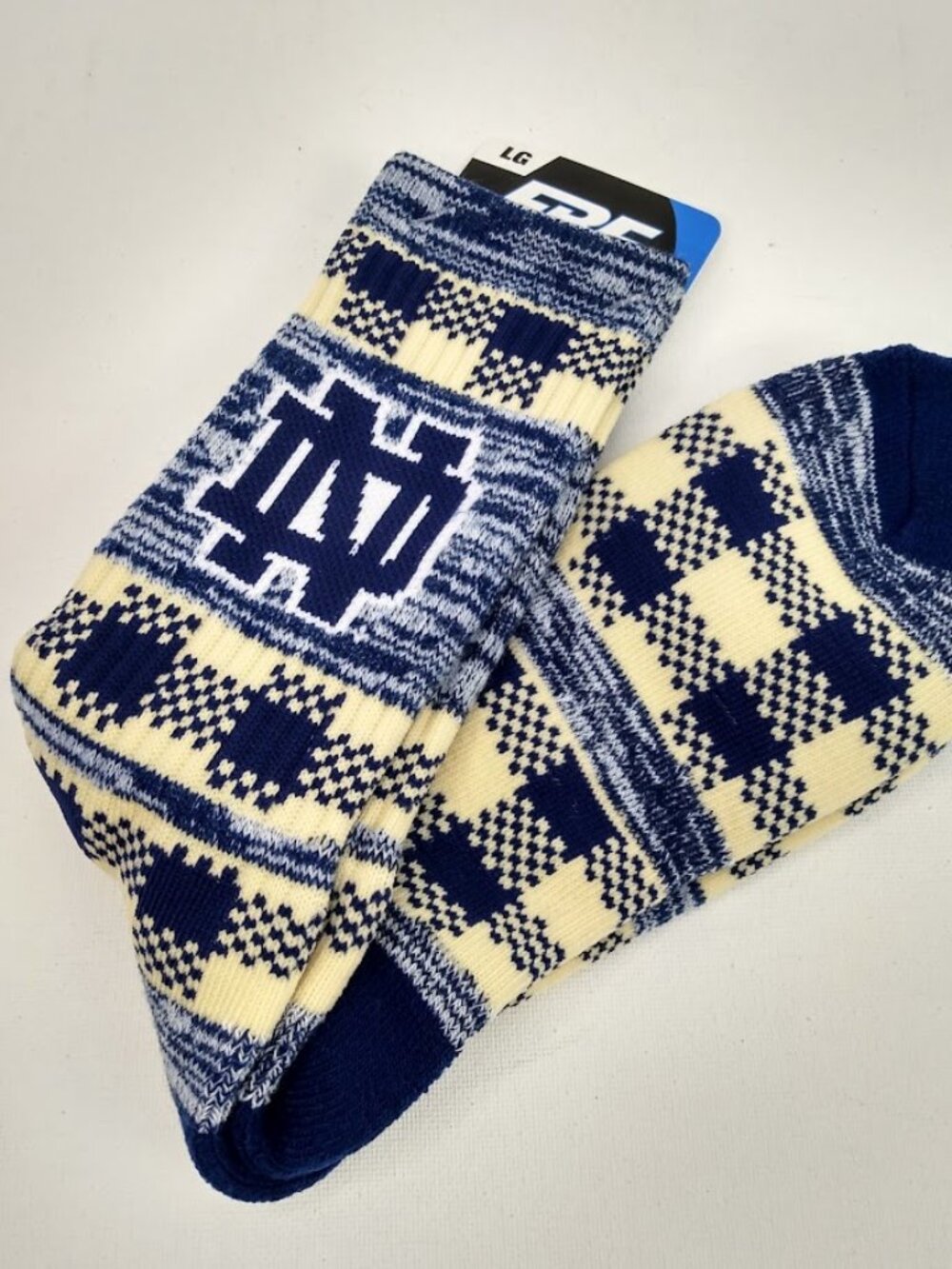 New Notre Dame FBF Casual Game Day Crew Socks Blue Cream Size Large 10-13